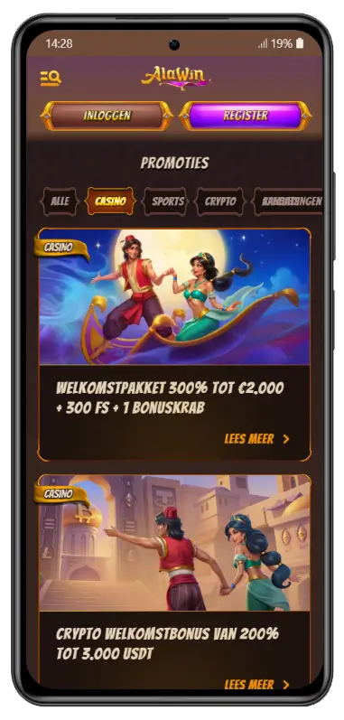 Promotiepagina van Alawin Casino met twee bonusaanbiedingen: het casino welkomstpakket van 300% tot €2.000 plus 300 free spins en een bonuskrab, en de crypto welkomstbonus van 200% tot 3.000 USDT