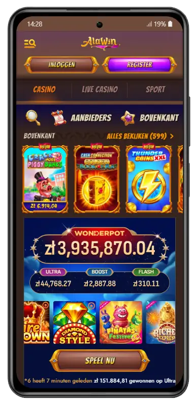 Mobiele casinopagina van Alawin met de wonderpot van ruim 1 miljoen euro, topslots zoals Crazy More Piggy Bankes en Diamond Style, en drie jackpotcategorieën Ultra, Boost en Flash