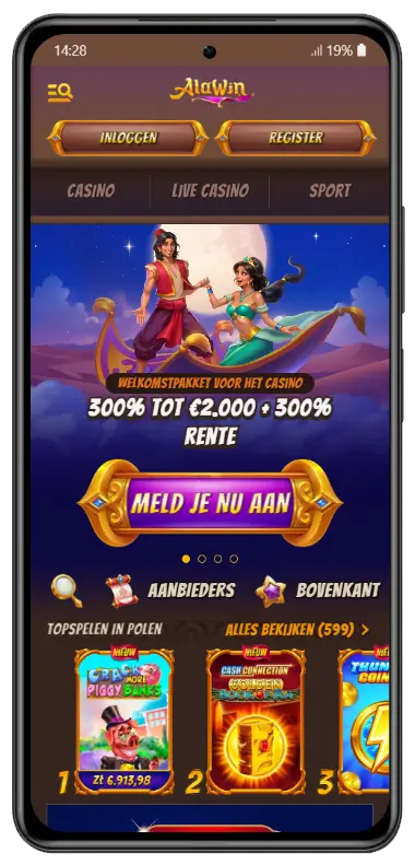 Mobiele startpagina van Alawin Casino met een welkomstbanner van 300% tot €2.000, de aanmeldknop, en een overzicht van topspellen in Polen waaronder Crazy More Piggy Bankes en Cash Connection