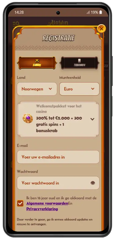 Mobiel registratieformulier van Alawin Casino met velden voor land, munteenheid, e-mailadres en wachtwoord, inclusief het welkomstpakket van 300% tot €2.000 plus 300 gratis spins