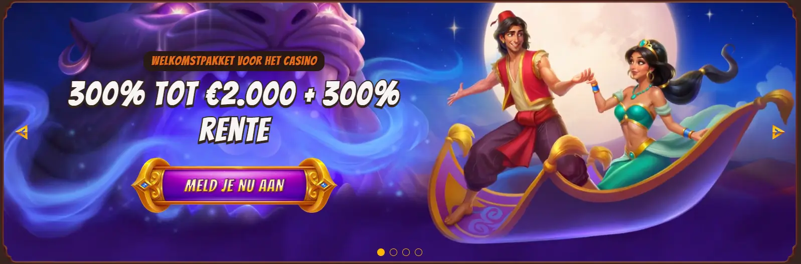 Welkomstbanner van Alawin Casino met twee sprookjesfiguren op een vliegend tapijt voor een volle maan, met de tekst: welkomstpakket 300% tot €2.000 plus 300% rente en een paarse aanmeldknop